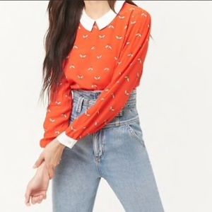 F21 bee print red/white Peter Pan collar blouse L